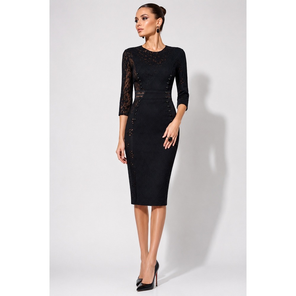 Byron Lars Bettine Column Sheath Dress‎ 4 Dark Feminine Eyelet Lace Mixed Media